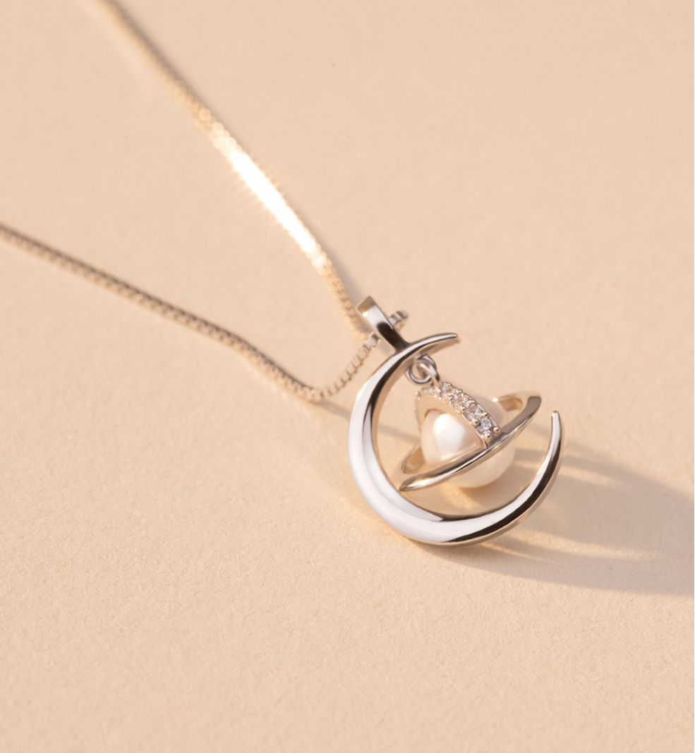 Planet and Moon Pendant Pearl Necklace