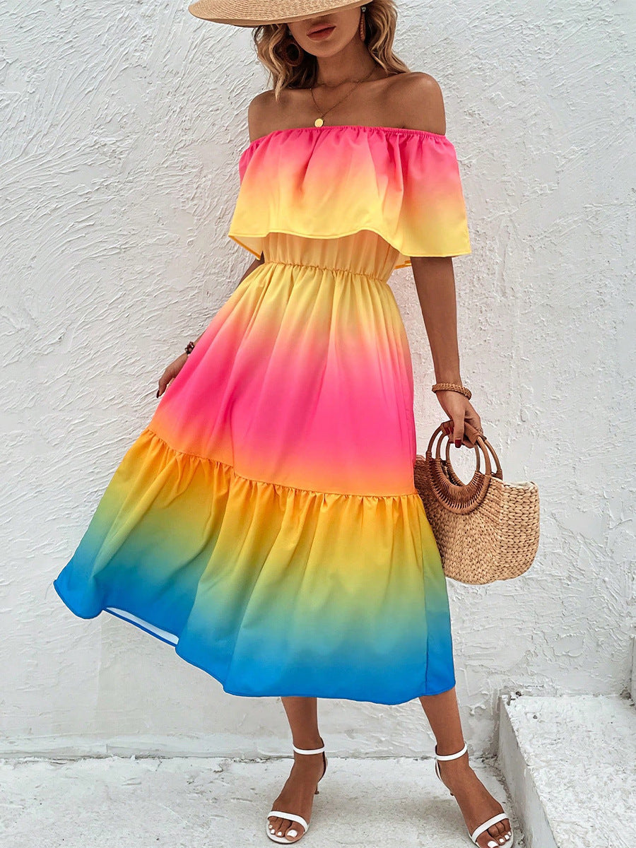 Rainbow Off-Shoulder Ruffled Shirred A-Line Mini Dress