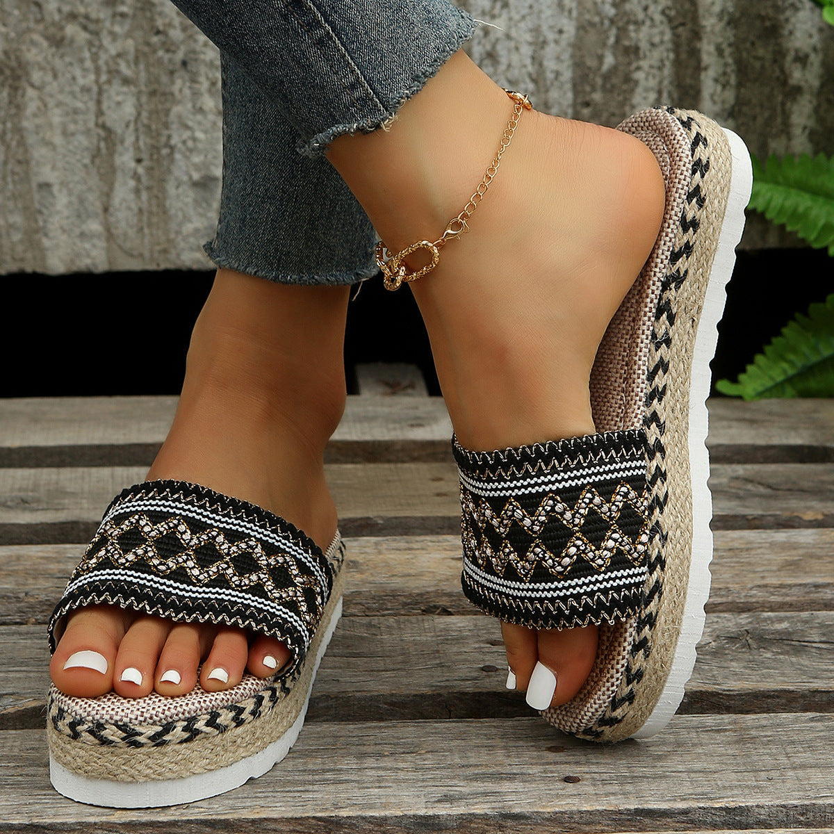 Peep-Toe Wedge Braided Jute Platform Comfortable Slip-On Sandals