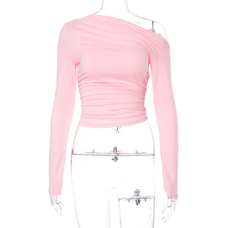New INS Solid Color Asymmetrical Shoulder Long Sleeve Ruched Crop Top T-Shirt