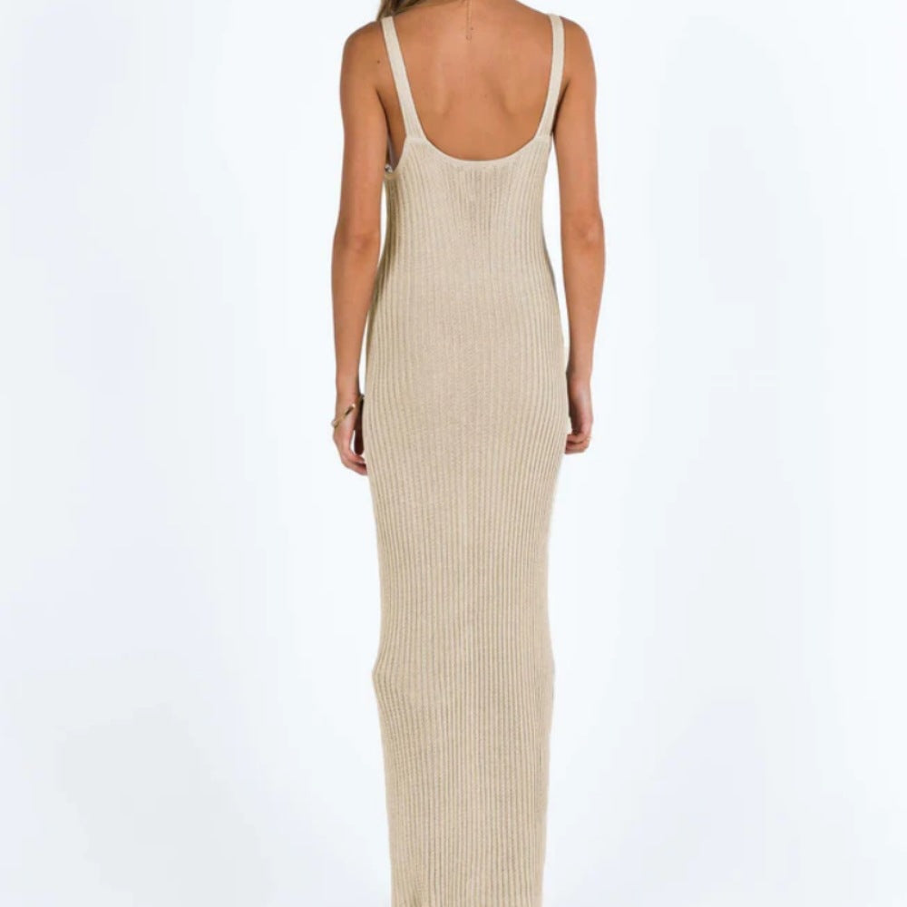 Hollow-Out Sheer Knit Spaghetti Strap V-Neck Sleeveless Backless Maxi Dress