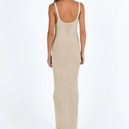 Hollow-Out Sheer Knit Spaghetti Strap V-Neck Sleeveless Backless Maxi Dress