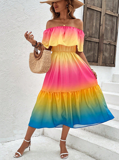 Rainbow Off-Shoulder Ruffled Shirred A-Line Mini Dress
