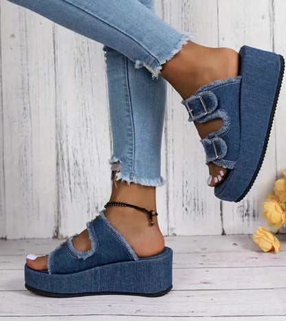 Platform Slip-On Denim Mules with Wedge Heel and Buckle Strap
