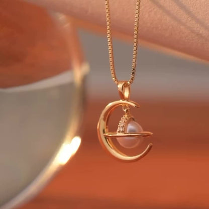 Planet and Moon Pendant Pearl Necklace
