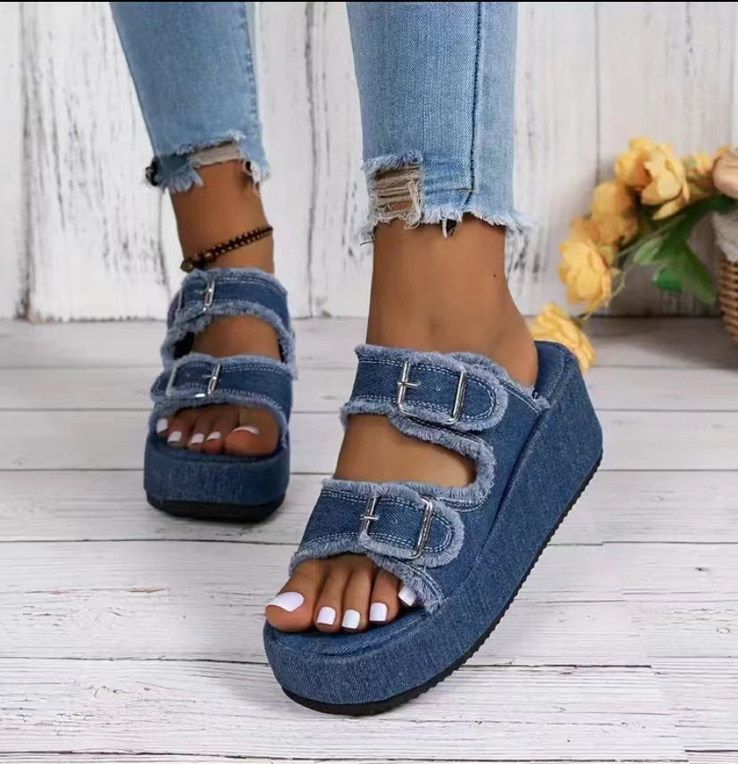 Platform Slip-On Denim Mules with Wedge Heel and Buckle Strap